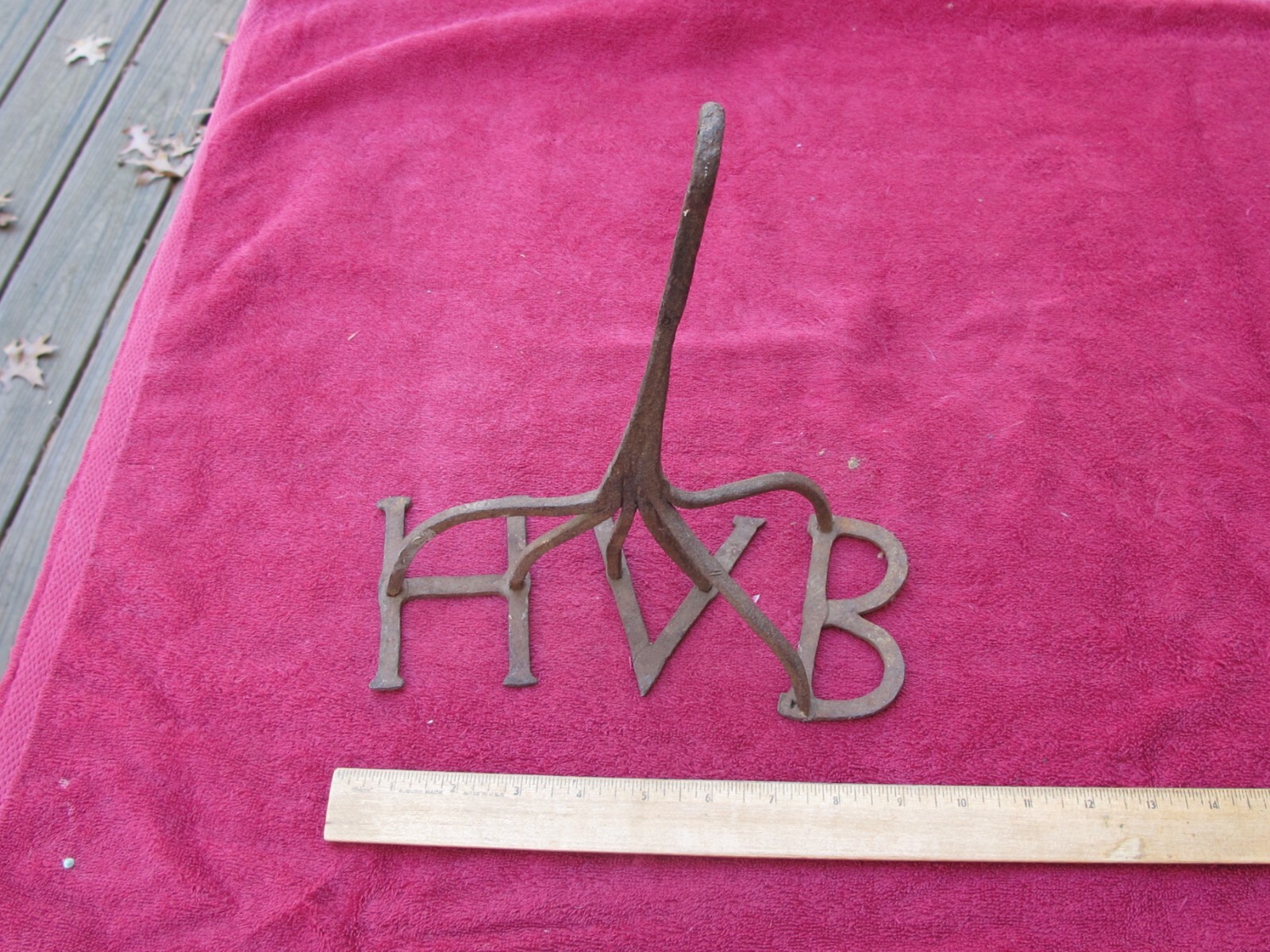 UNUSUAL Antique WROUGHT IRON BRANDING IRON-3 Letter HVB-Blacksmith Made