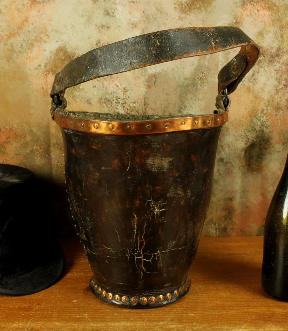Antique Leather Fire Bucket. Copper Double Seam Studded Paper Basket. 19th C