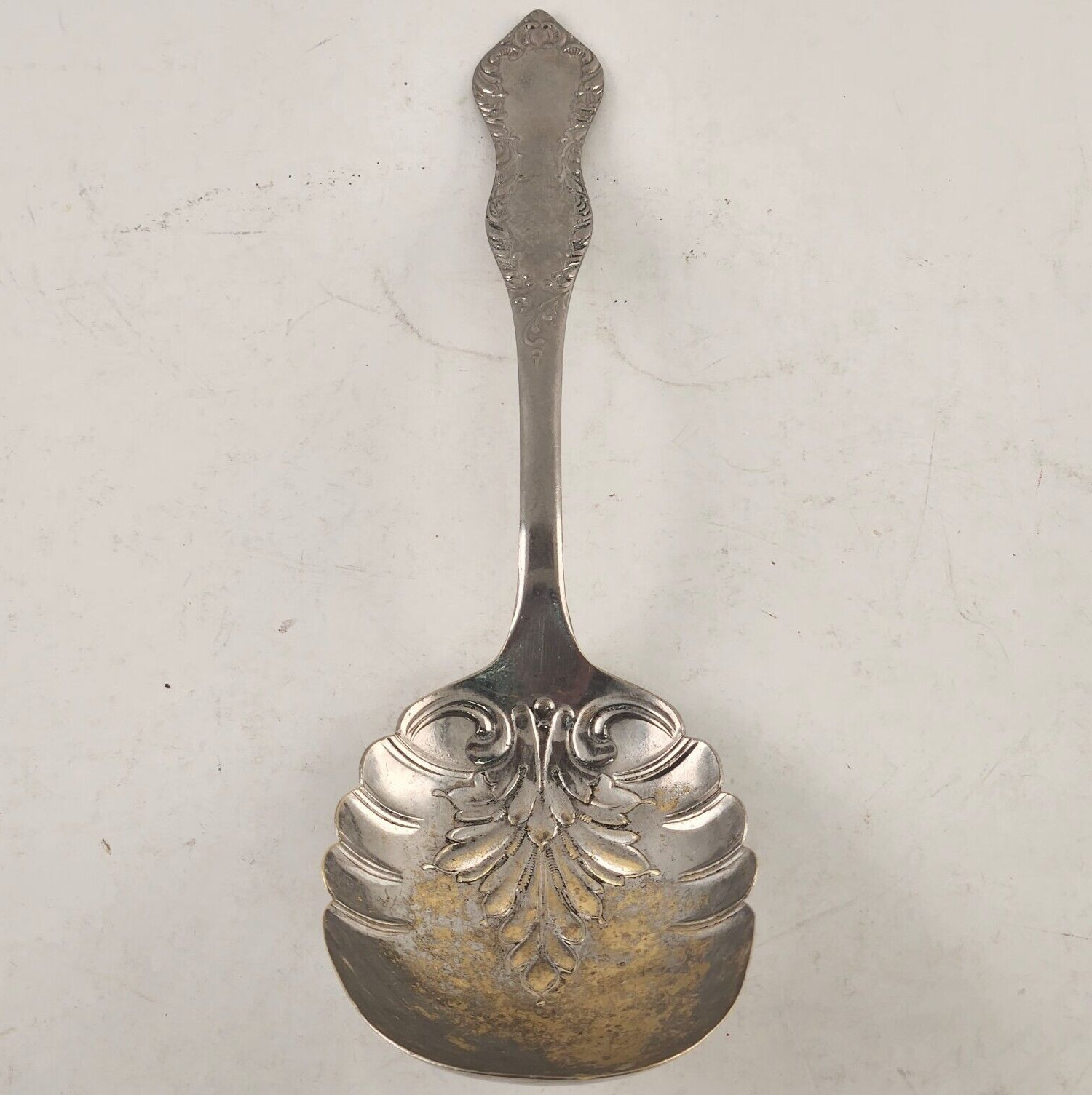 Solid Shell Berry Casserole Spoon US Silver Three Silverplate Antique 8.25″