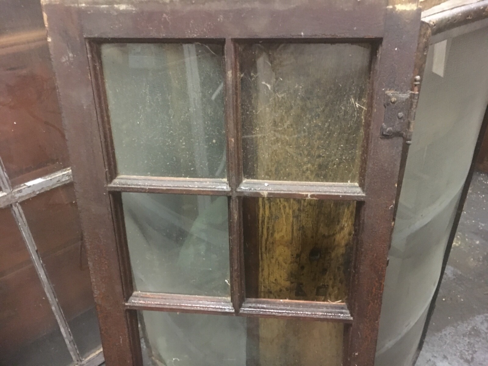 c1910-20 antique pine cabinet door – glass panels original hardware 48” x 16” w