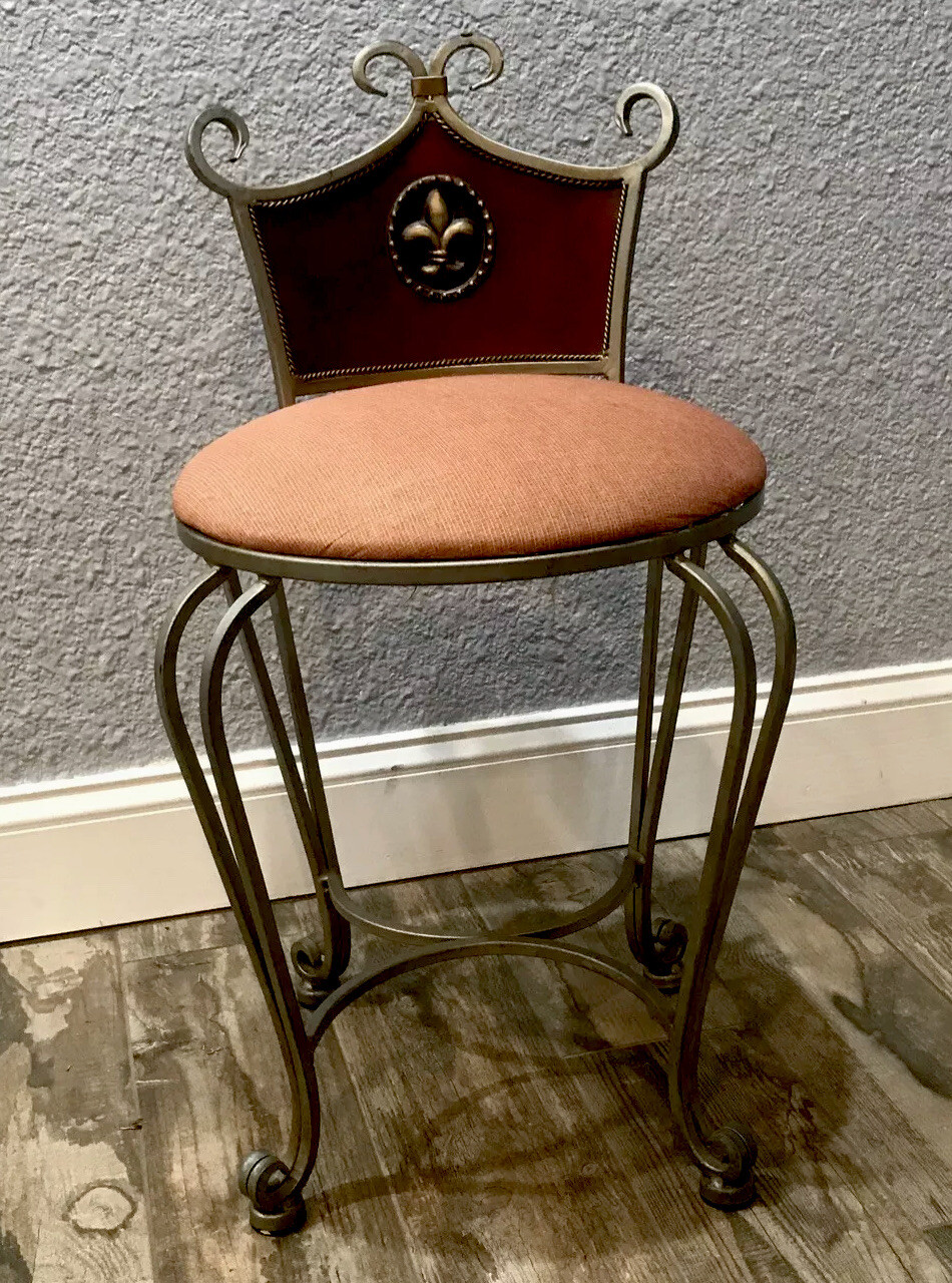 Vintage Wrought Iron Patio Side Chair Fleur De Lis Mid Century Modern Orange