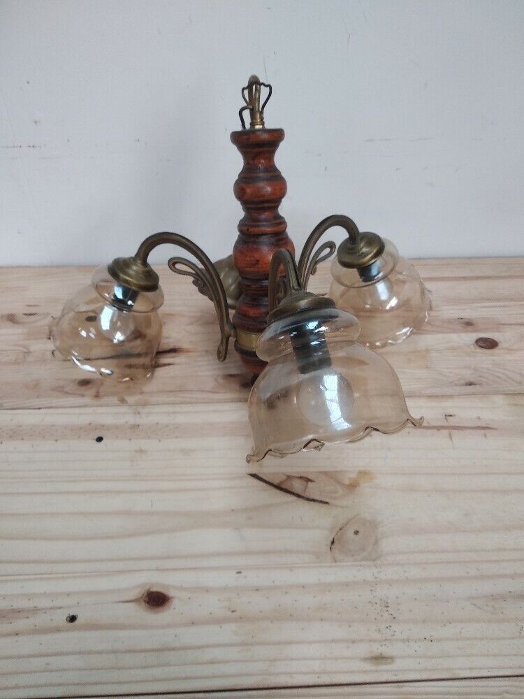 VINTAGE Lamp Sconce Light in brass & wood glass abajurs from 60´s chandelier