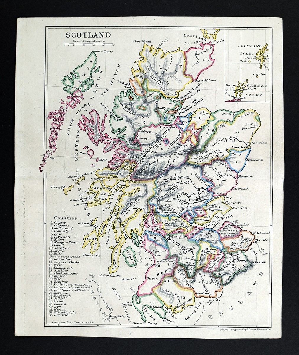 1863 Dower Map Scotland Edinburgh Aberdeen Glasgow Dundee Loch Ness Inverness
