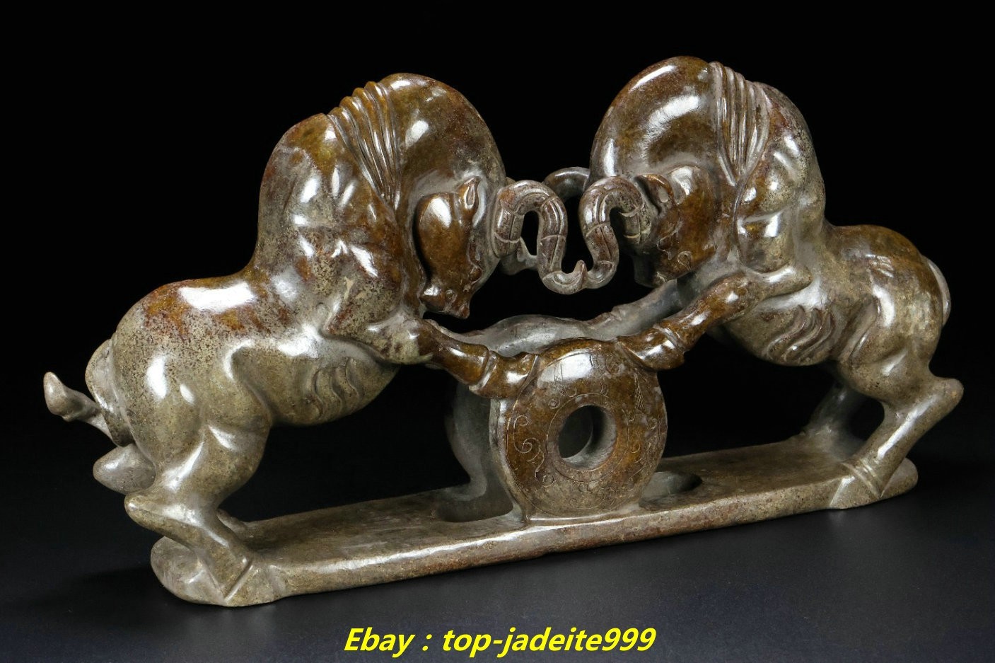 12.9″Old Han Dynasty Natural Hetian Jade Carved 2 Cattle Beast Animal Statue