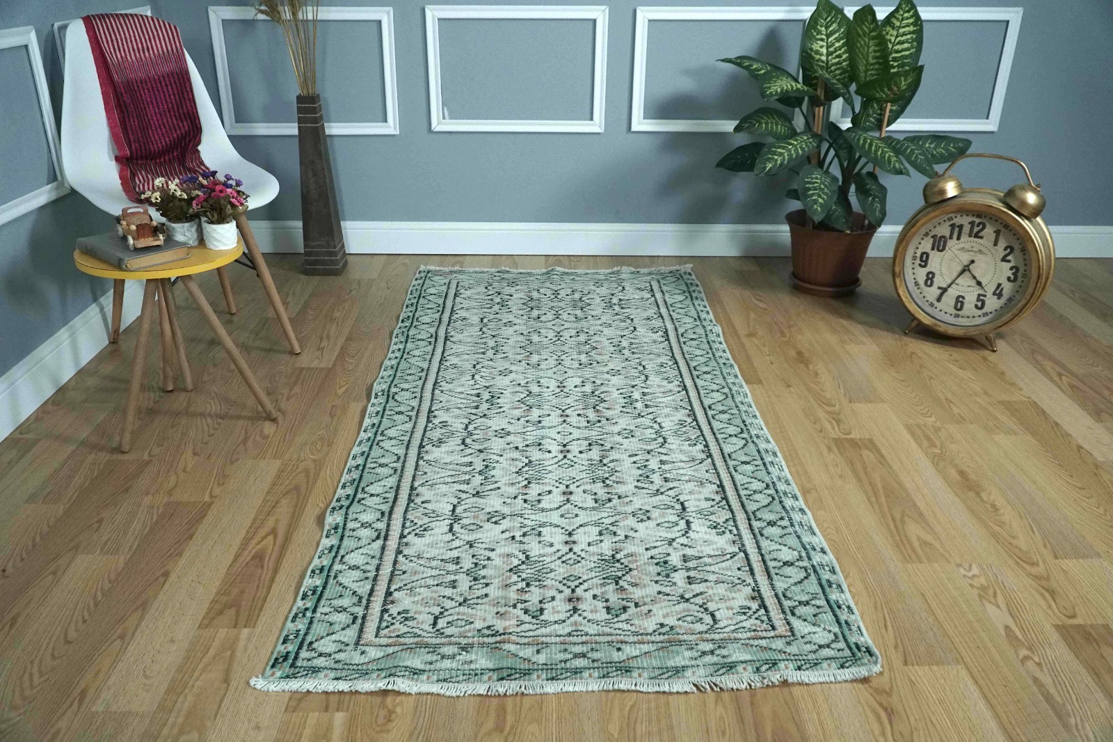 Vintage Turkish Rug, Beige Green Rug, Boho Decor, Carpet, 3.12×6.43 ft. H-2835