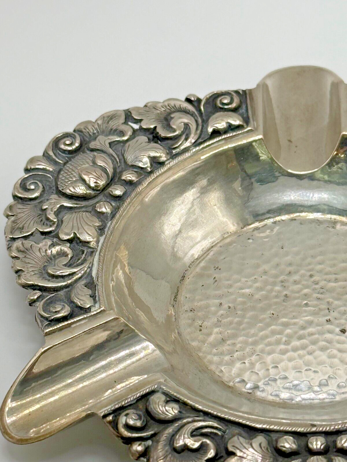 Vintage Indonesian Yogya 800 Silver Ashtray PWR Floral Repoussé Mid-Century