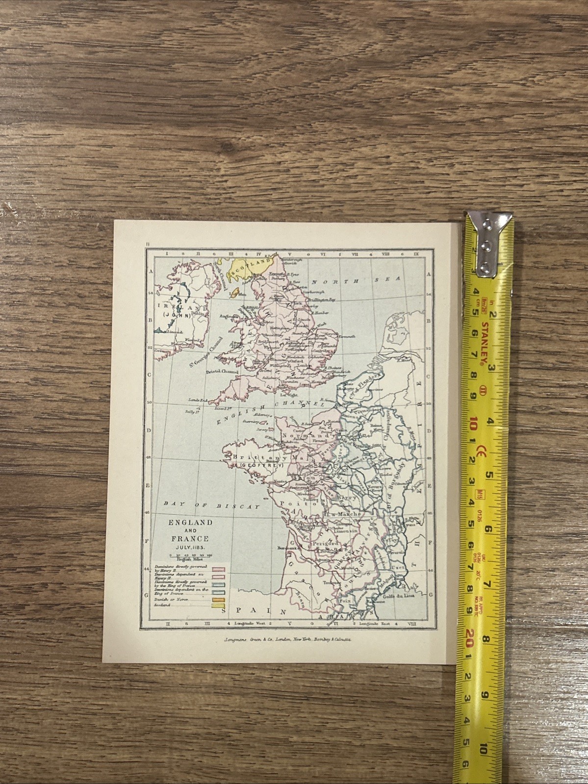 Antique Map Of England & France In July Of 1185 (1914 Print) 8.5”x6.5”