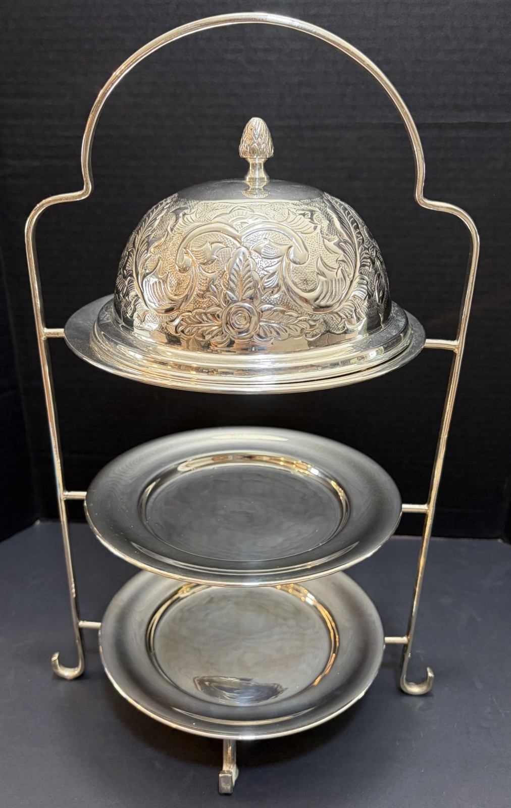 Vintage Gump’s 3-Tier Silver Plate Afternoon Tea Stand Cloche Serving Tray 18″