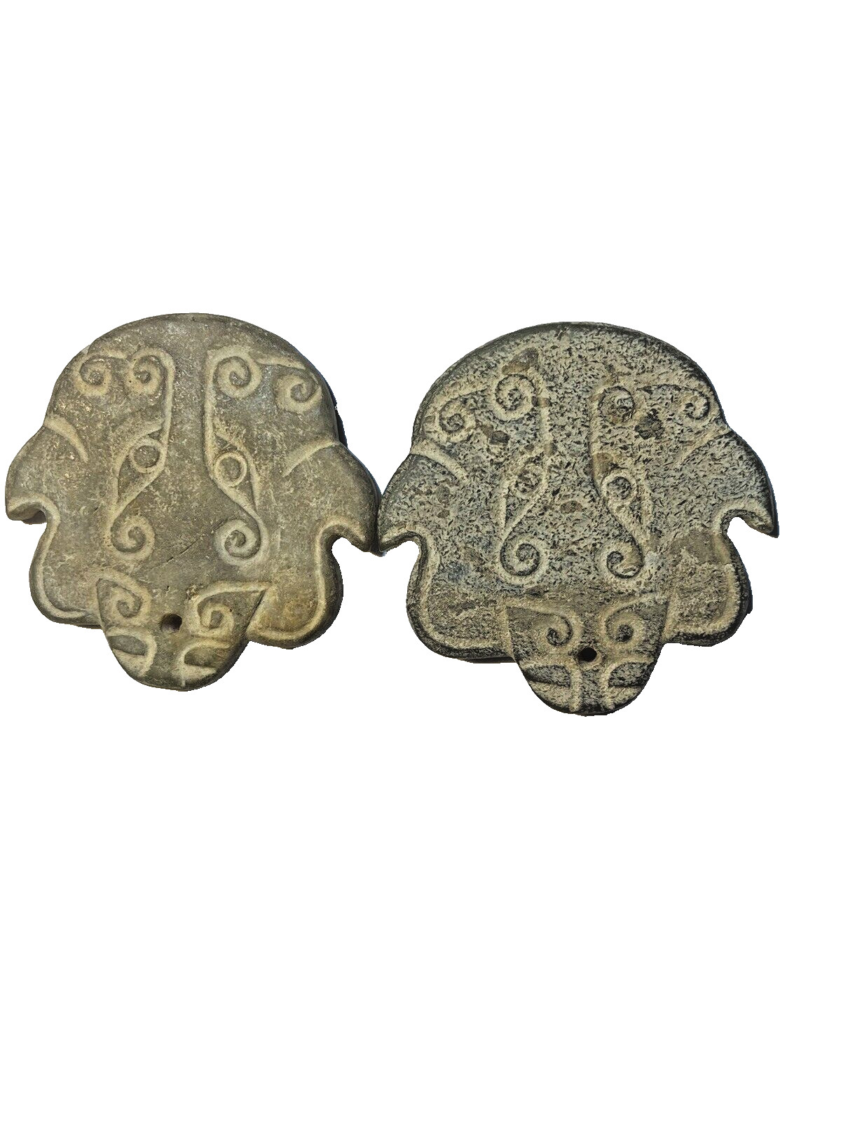 RARE TWO CALEDON JADE PENDANTS OF FROGS, SHANG DYNASTY , 1600-1046 BC