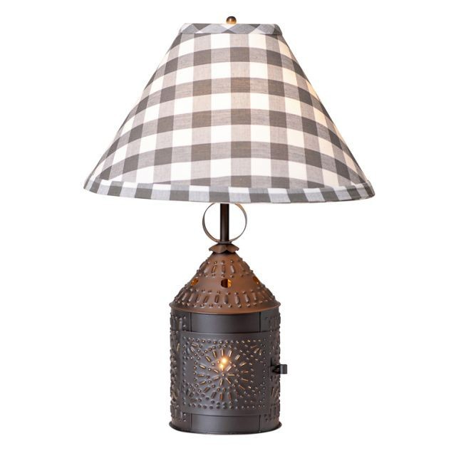 Paul Revere Lamp in Smokey Black Tin with Checked Shade