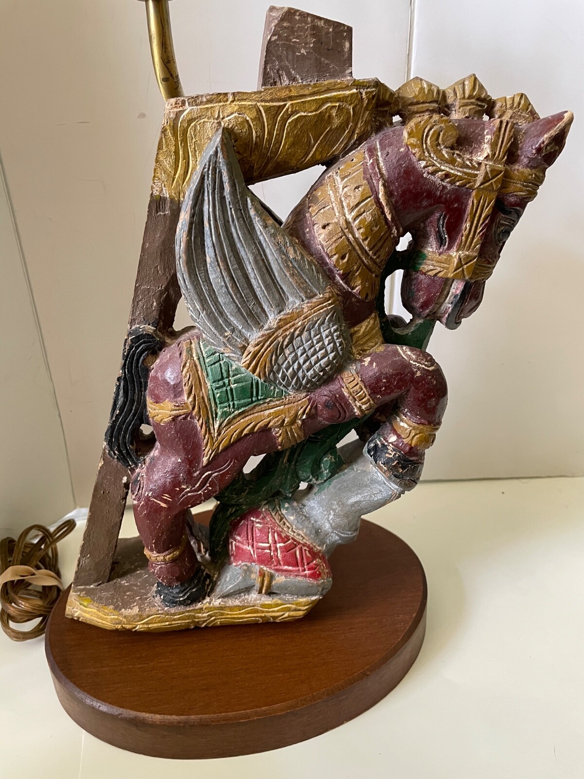 VTG India architectural salvage carved wood polychrome winged flying horse lamp