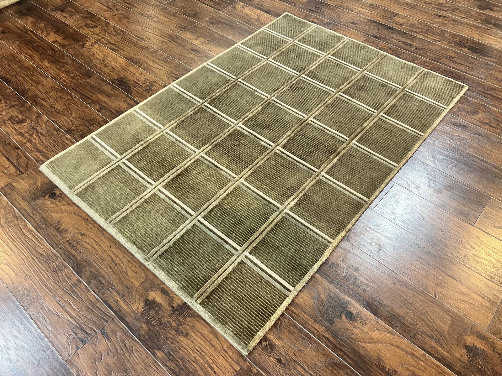Green Tibetan Rug 4×6 Wool Handmade Panel Design Modern Contemporary Carpet