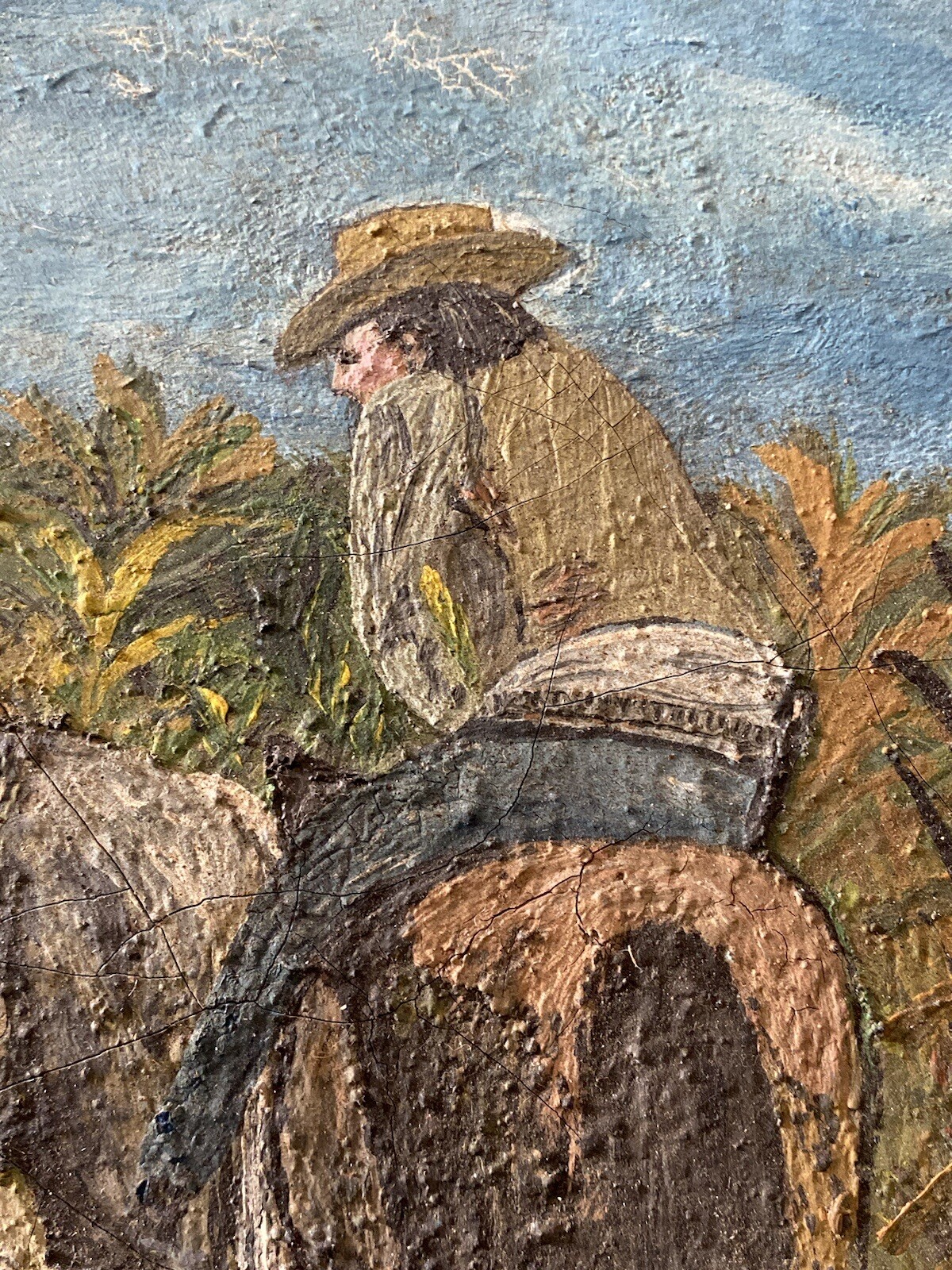 🔥 Unusual Antique Old American Folk Art Cowboy Indian Western Oil Painting 1930