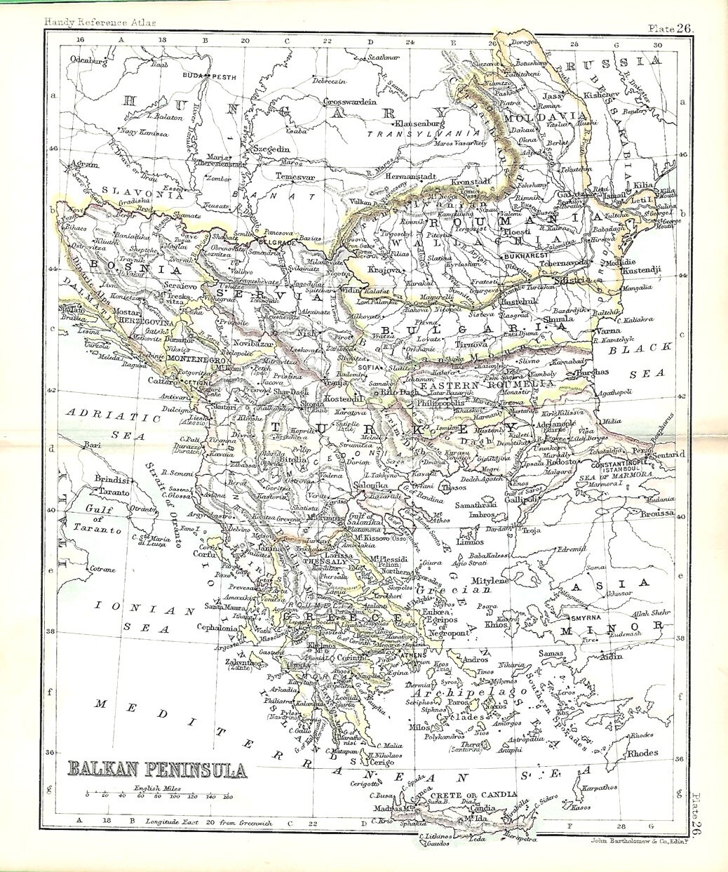 1896 Map BALKANS Bosnia Serbia Montenegro Bulgaria Turkey Greece Romania Crete
