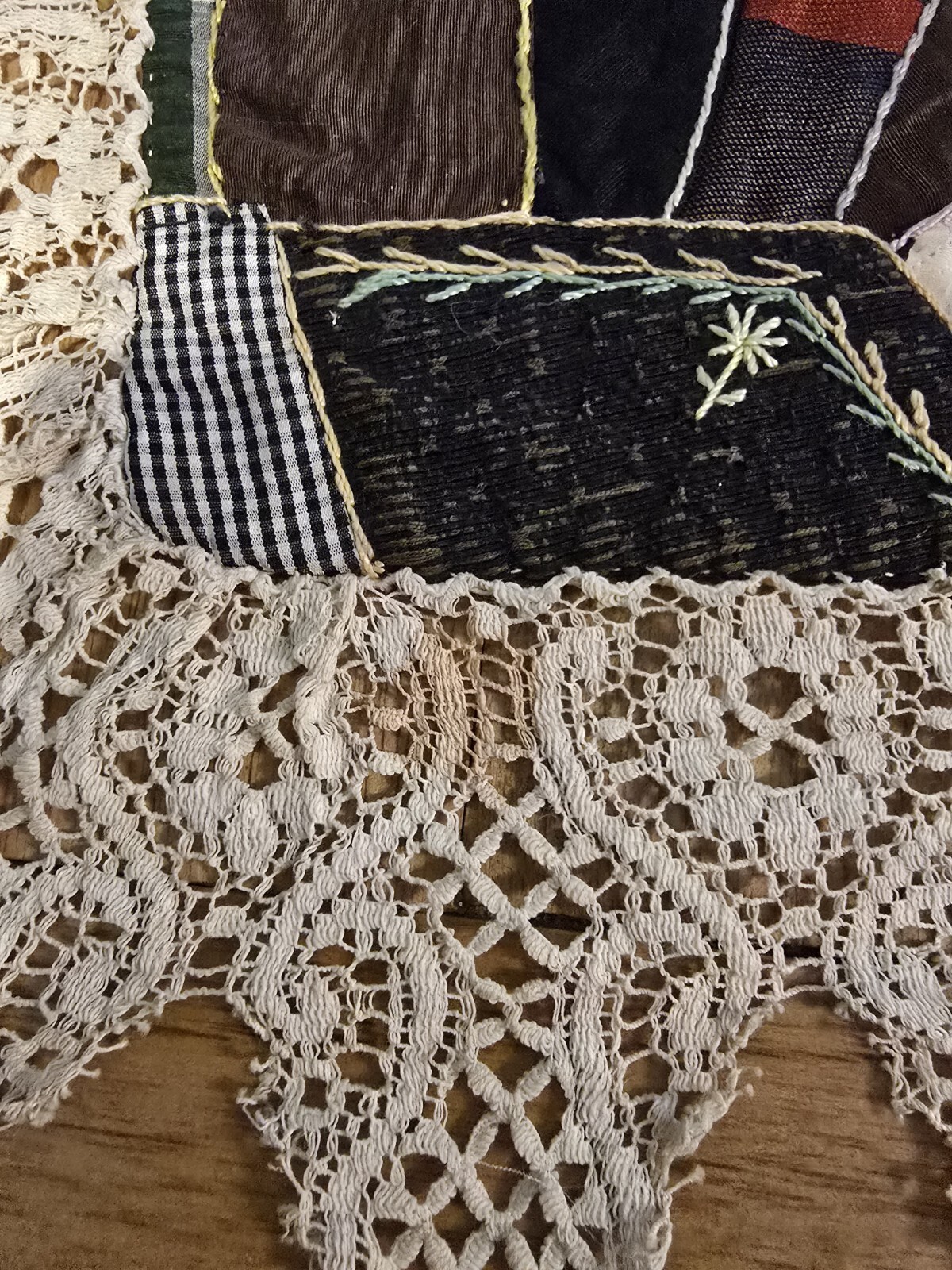 Antique Crazy Quilt Panel W/ Lace Early American Folk Art Circa 1898 Handsewn