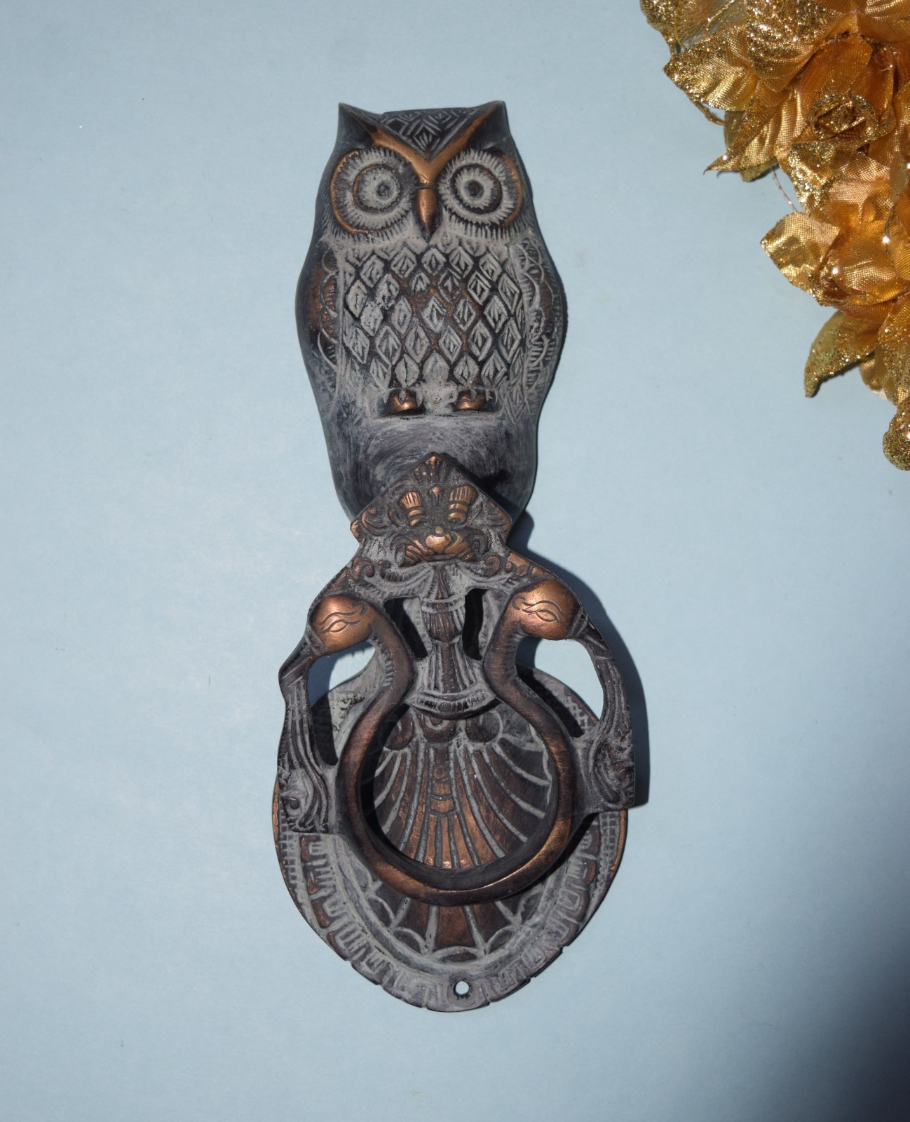 Nocturnal Owl Face Door Bell Decor Brass Dual Peacock Design Door Knocker RD695