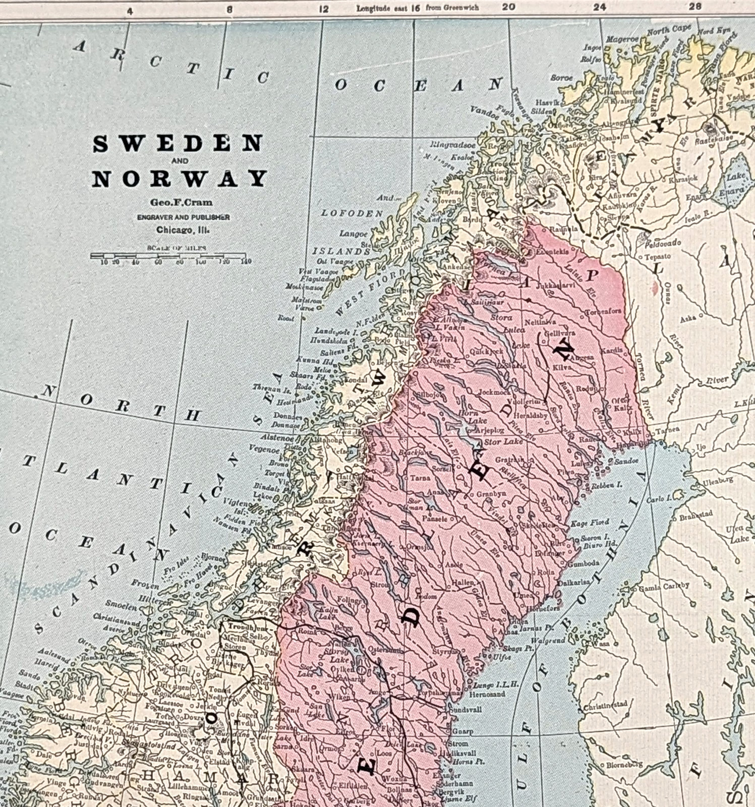 1898 NORWAY – SWEDEN Map ORIGINAL Gothland – Hamar – Finmark 12X9
