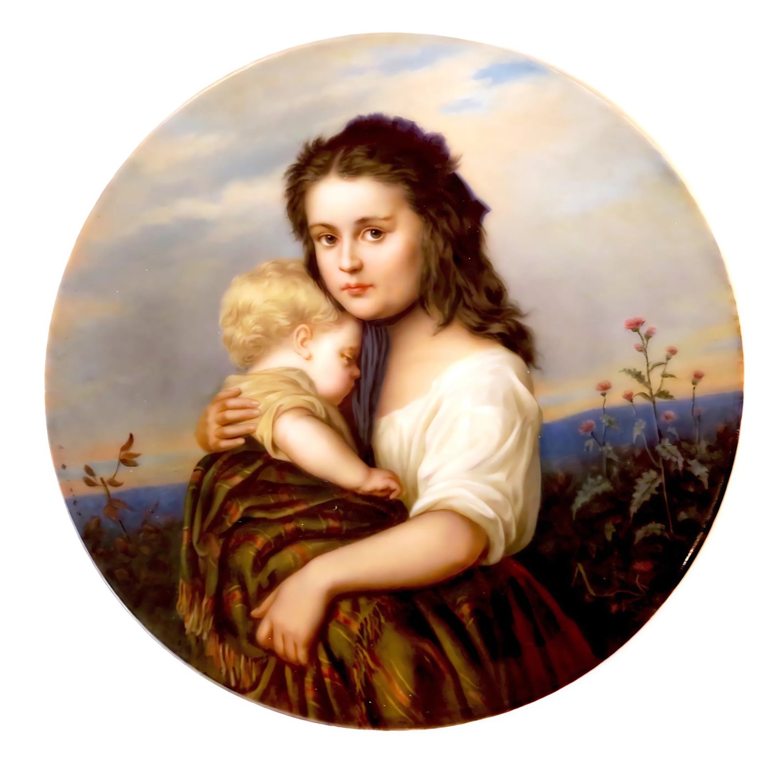 GERMAN Porcelain ANTIQUE – 19th Century Plate/PLAQUE Young GIRL AND Child