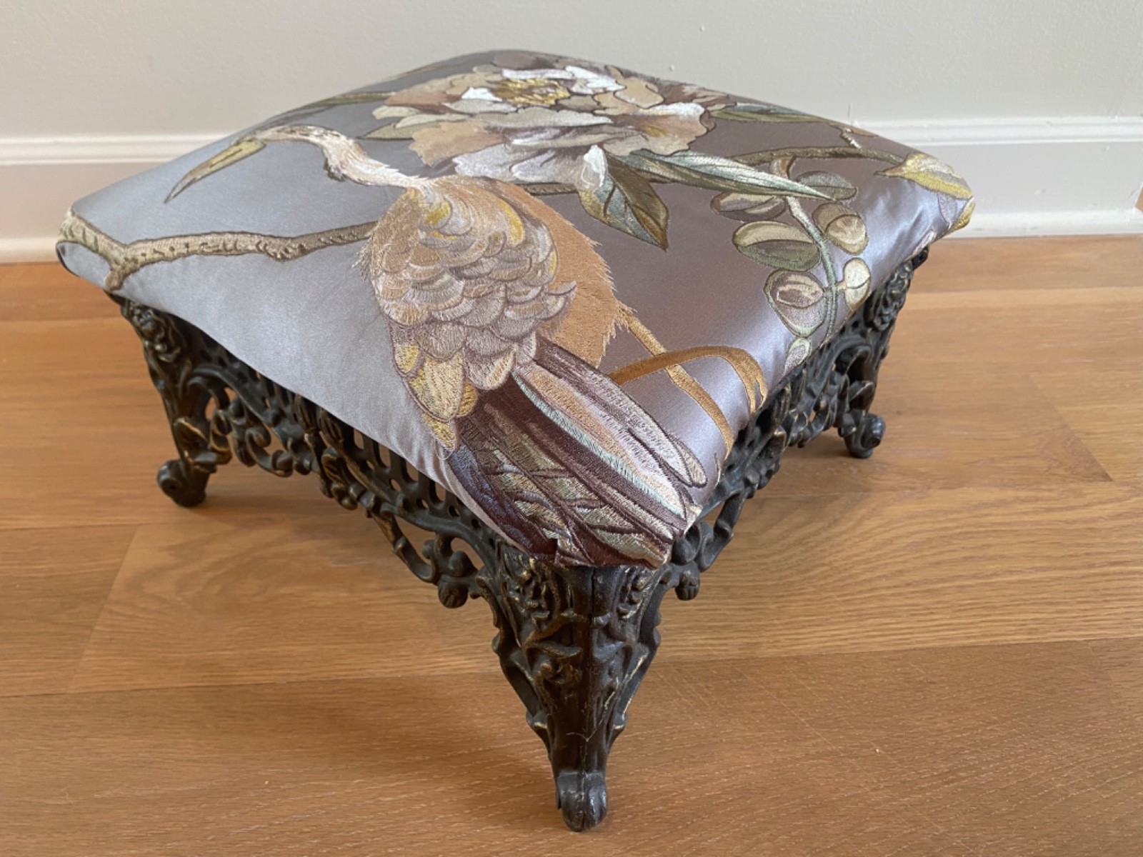 Cast Iron Victorian Footstool Vintage Embroidered Silk Chinoiserie Fabric Peony