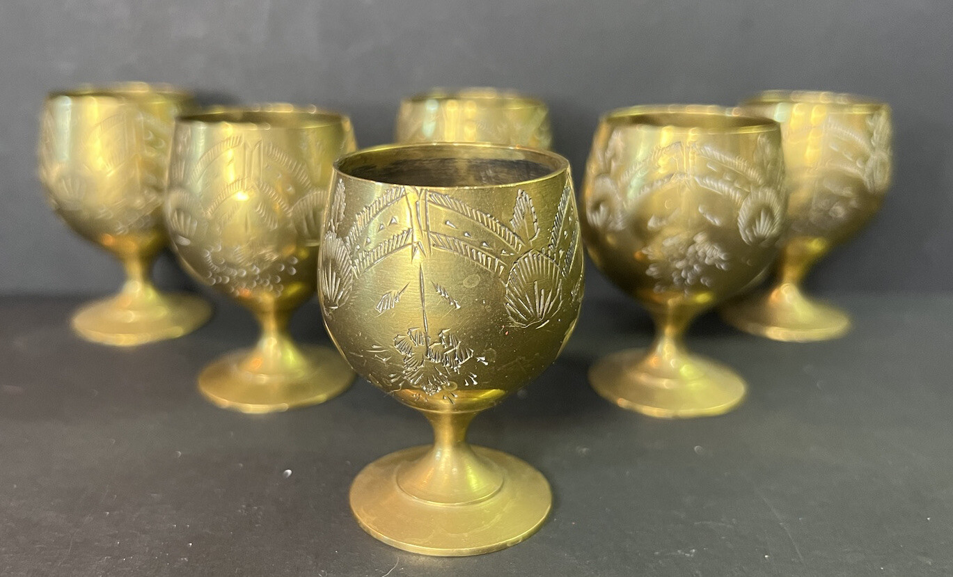 Set of 6 ￼EPNS India Hand Etched Shot or Cordial Glasses Brass Finish