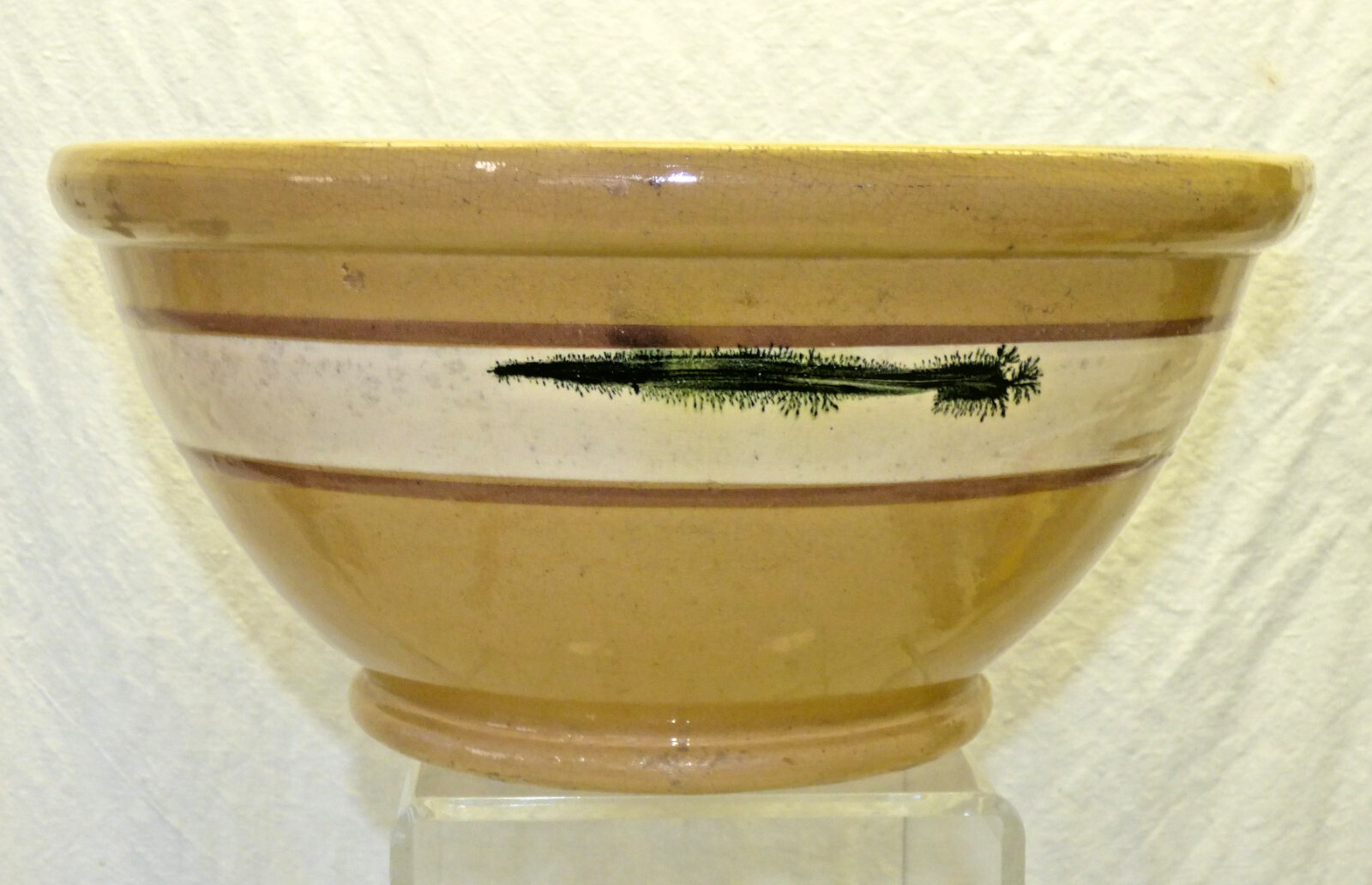 Antique Yellow Ware Green Seaweed Banded Mixing Bowl Mocha Mochaware 12.75″ Lg