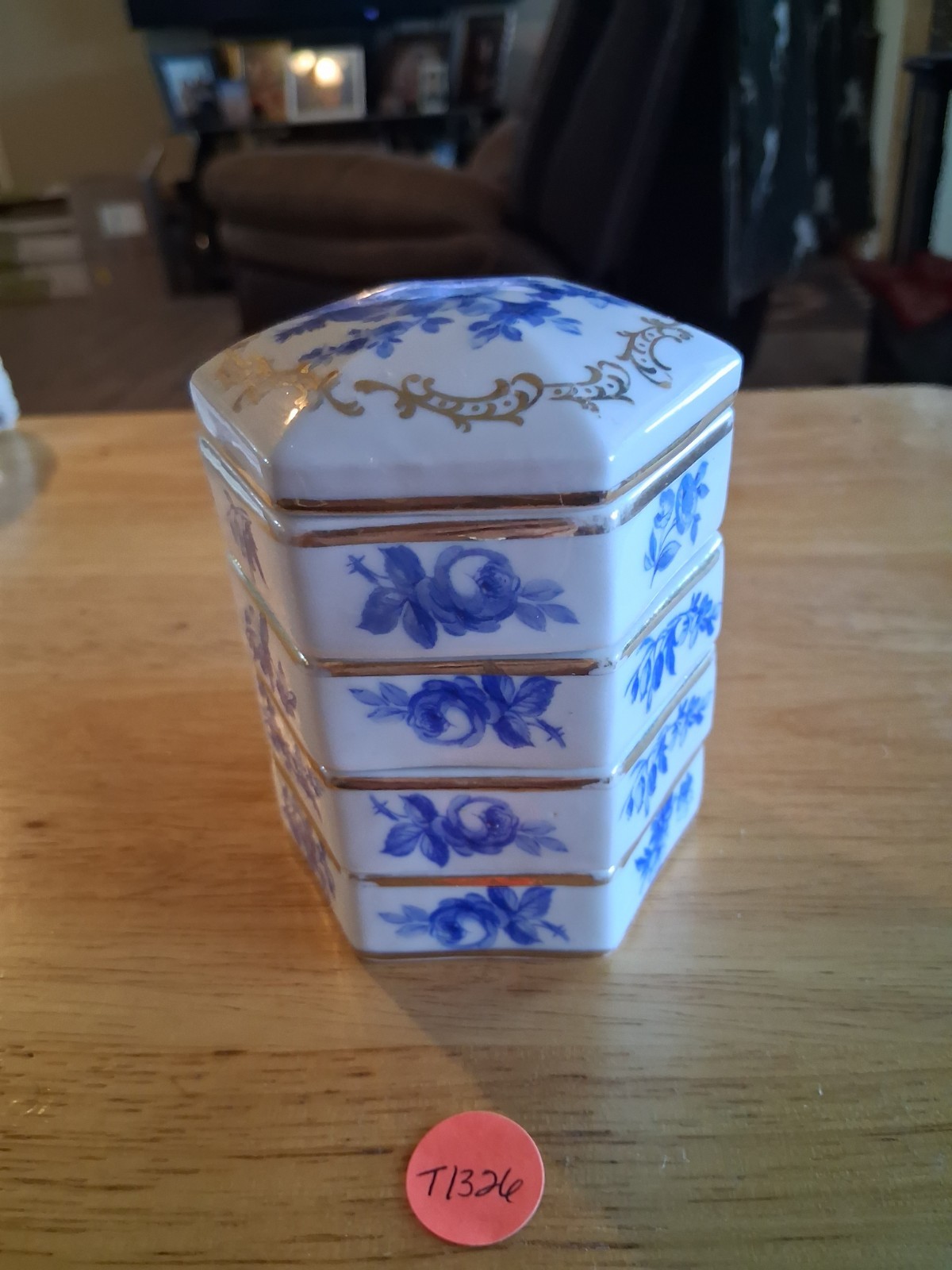 Vintage Hexagonal White With Flowers & Gold Trim 5pc Stackable Open Salt Cellar