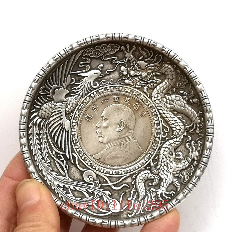 3.8 Inch Old Chinese Tibet Silver Dragon and Phoenix Inlay Coin Dish Collection