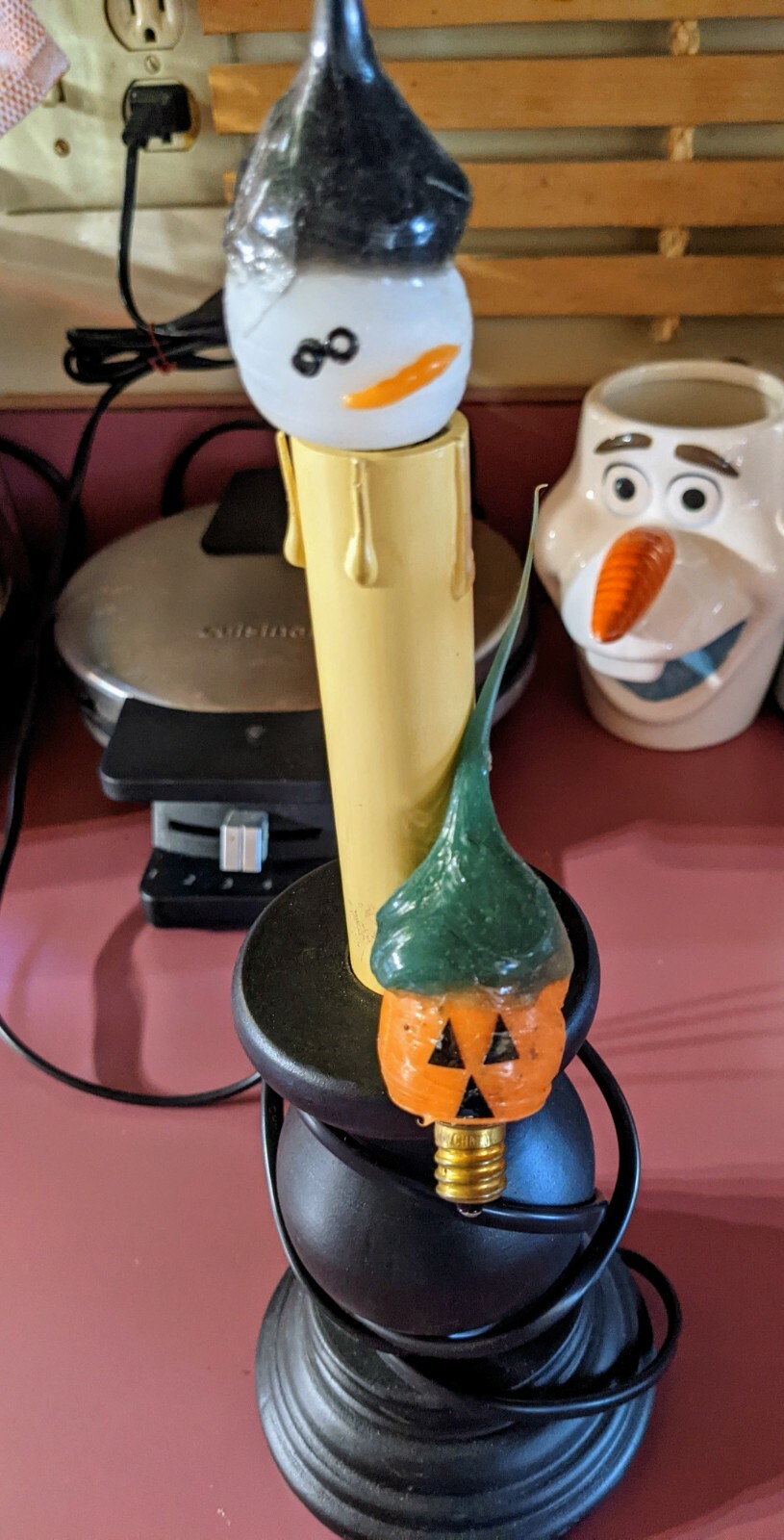 Country Primitive Candle Bra 10″ Lamp Black (2) Silicone Bulbs Pumpkin & Snowman
