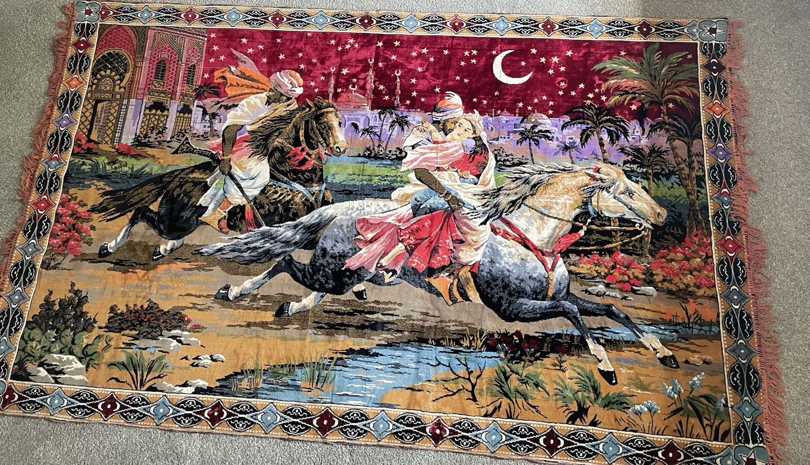 VTG XL Velvet Tapestry Arabian Nights Stolen Bride Wall Art Rich Colors Fringed