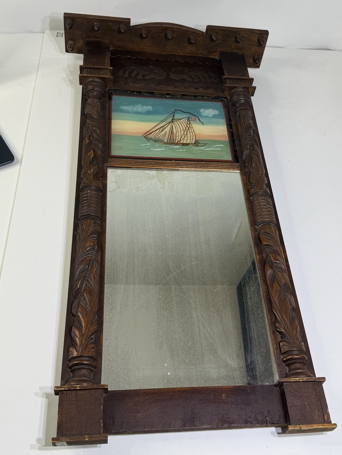 19th Century Antique Reverse Painted Scene Federal Mirror Schooner Ship USA Flag