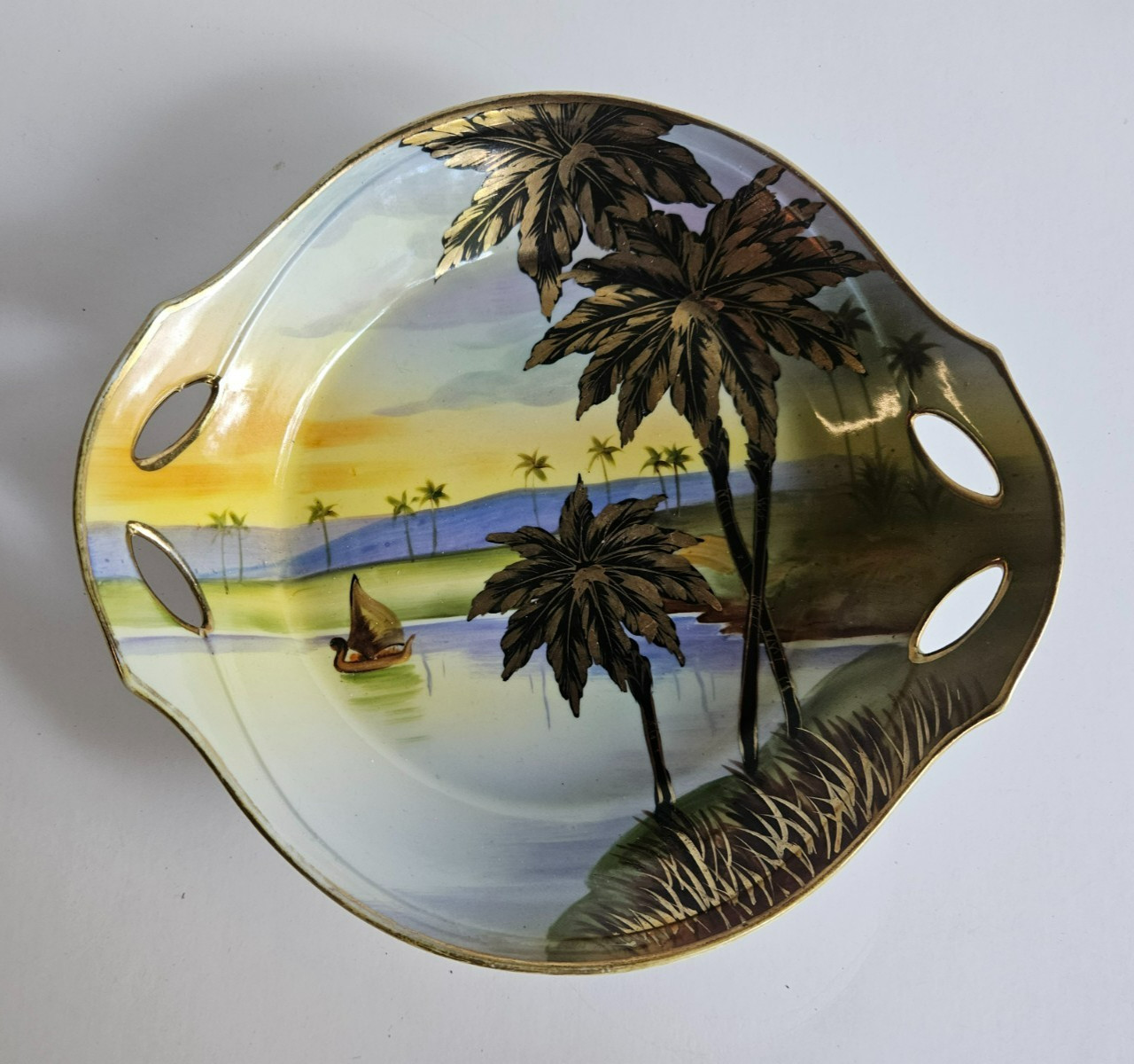 Antique Nippon Morimura Hand Painted Waterscape Gold Palm Trees Bowl 7 1/2 “