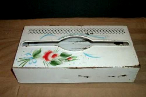 1950s HP Tole Roses Tissue Box Ransburg Chippy Shabby Chic Aged White Vintage