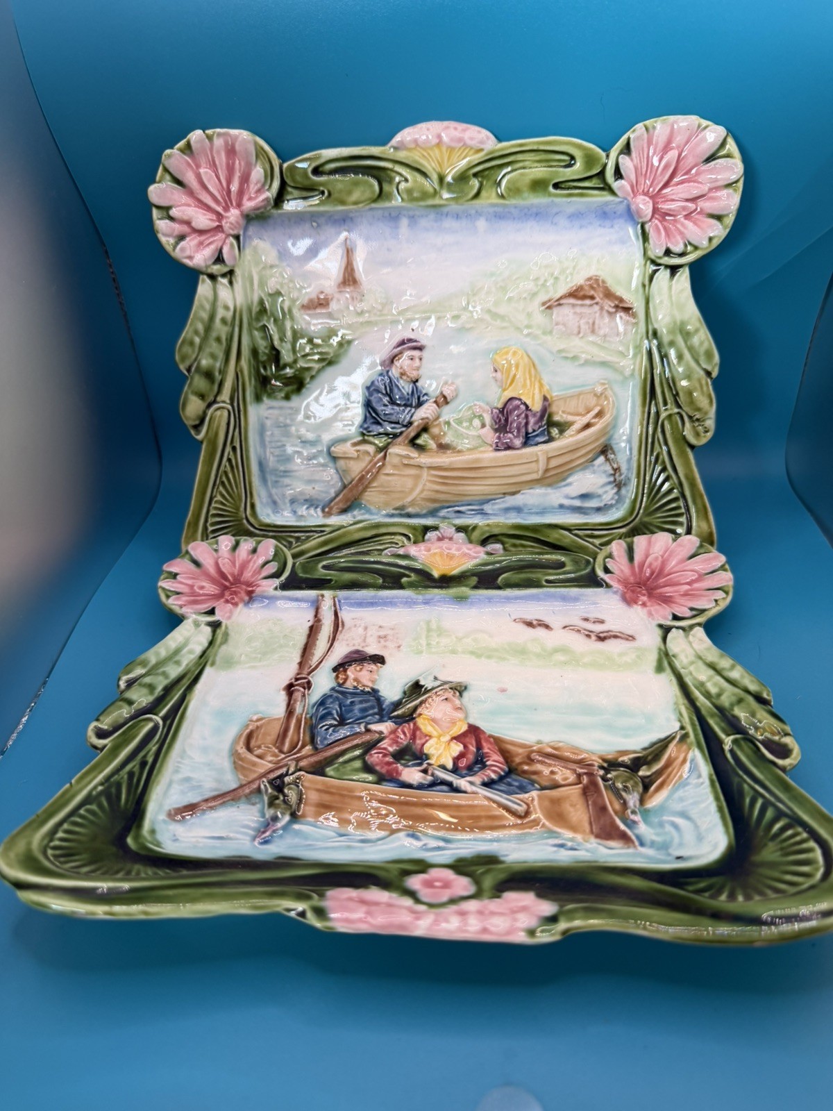 Antique Art Nouveau Majolica Glazed Porcelain Wall Plates Fishing Hunting lake