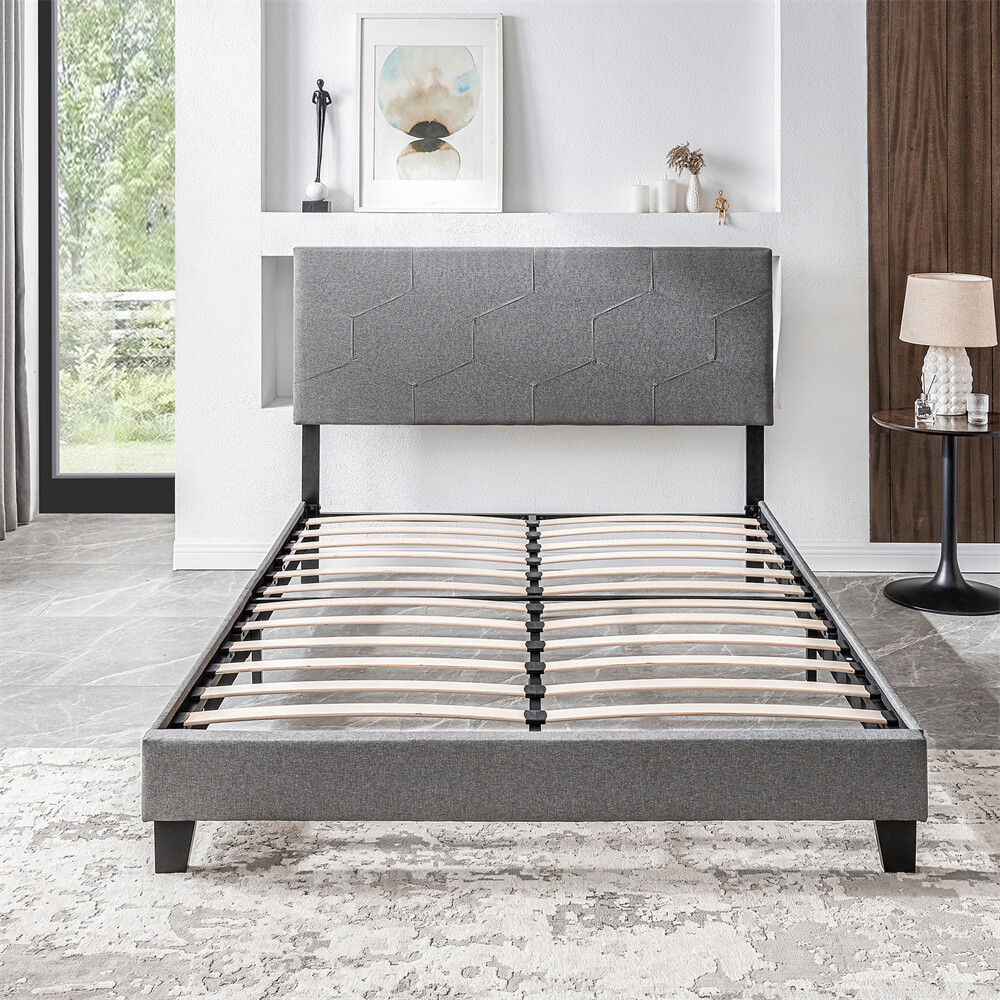 Queen Size Upholstered Platform Bed Frame with Wood Slat Support, Easy Assembly