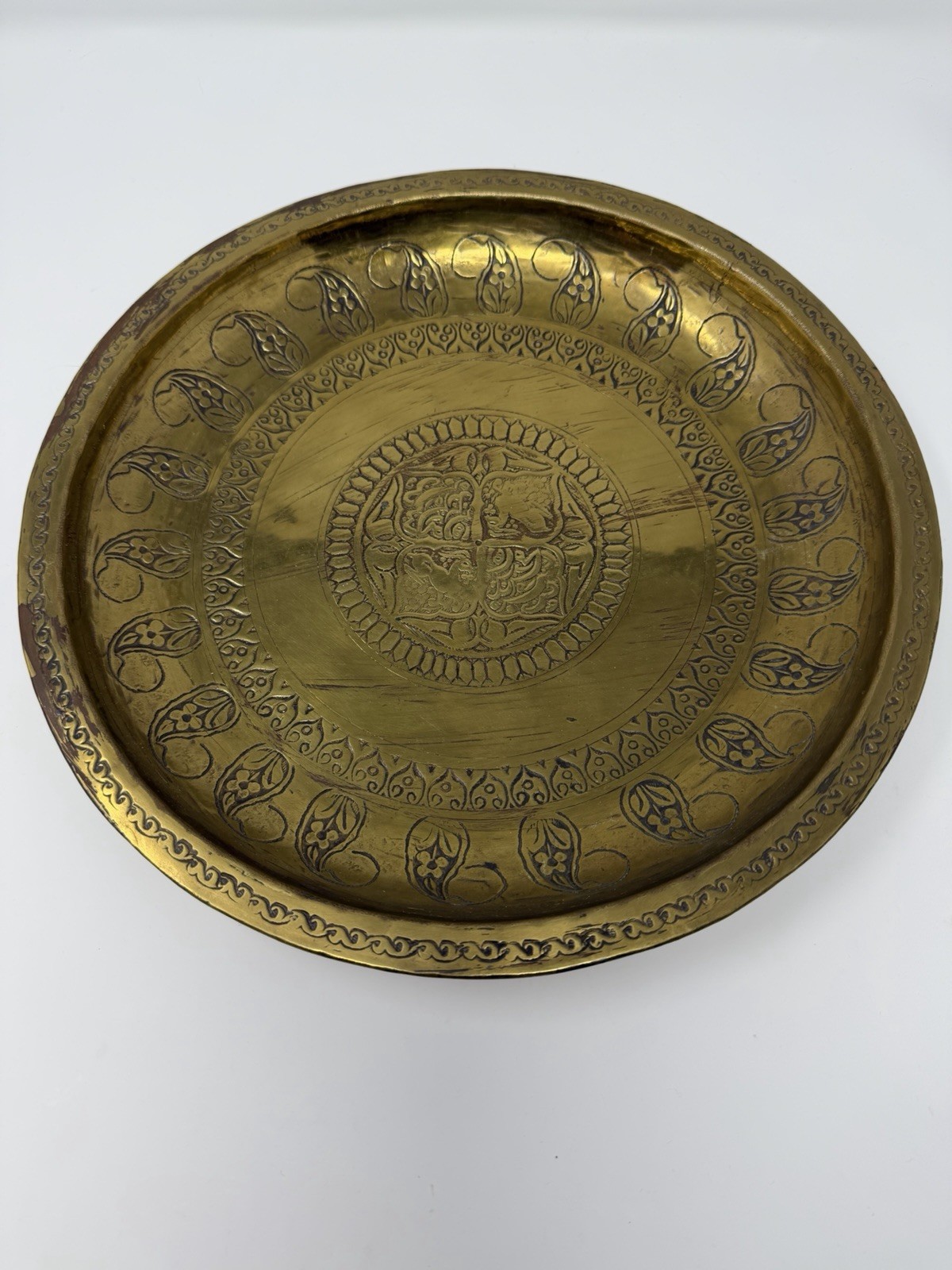 Antique Islamic Brass Tray Hand Hammered Engraved Ottoman Style Wall Plate