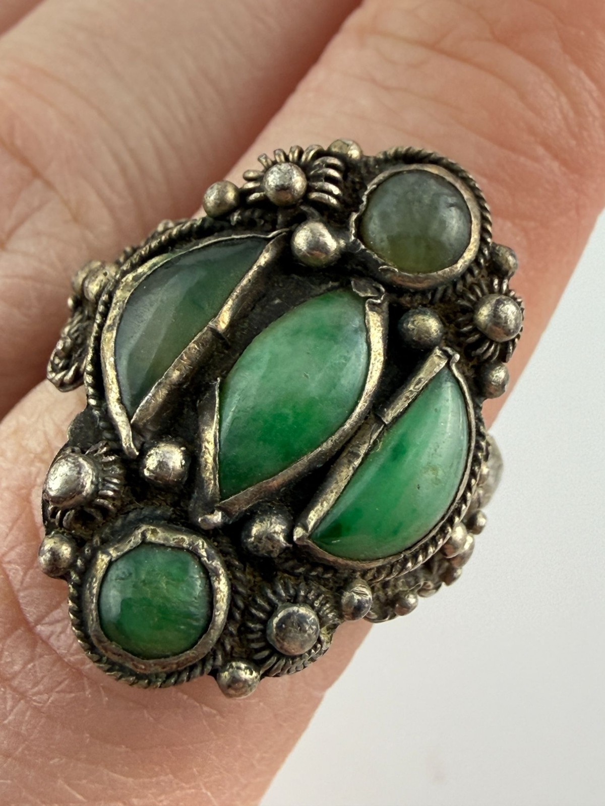 Antique French Indochina Chinese Export Sterling Silver Jade Ring Size 8 6.6g