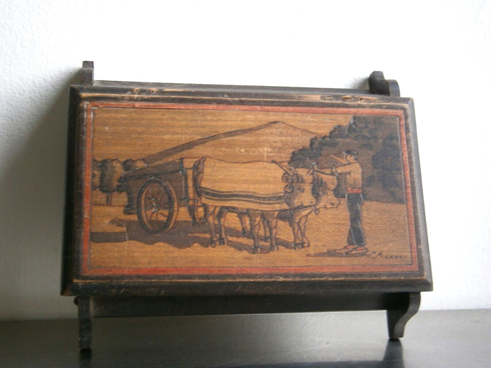Wooden Box Pyrographed Basque Country St Floutier Decor Peasant Cart Ox Antique