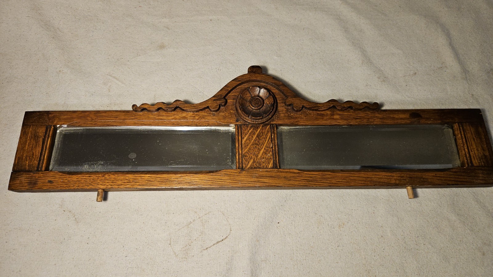 Antique Victorian Carved Oak Furniture Topper Pediment Beveled Glass Mirror