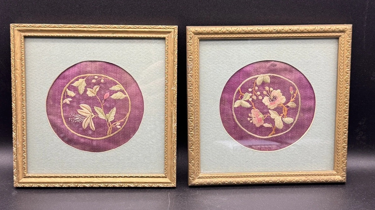 Antique, Chinese Embroidered Silk Framed & Matted Textile, Floral