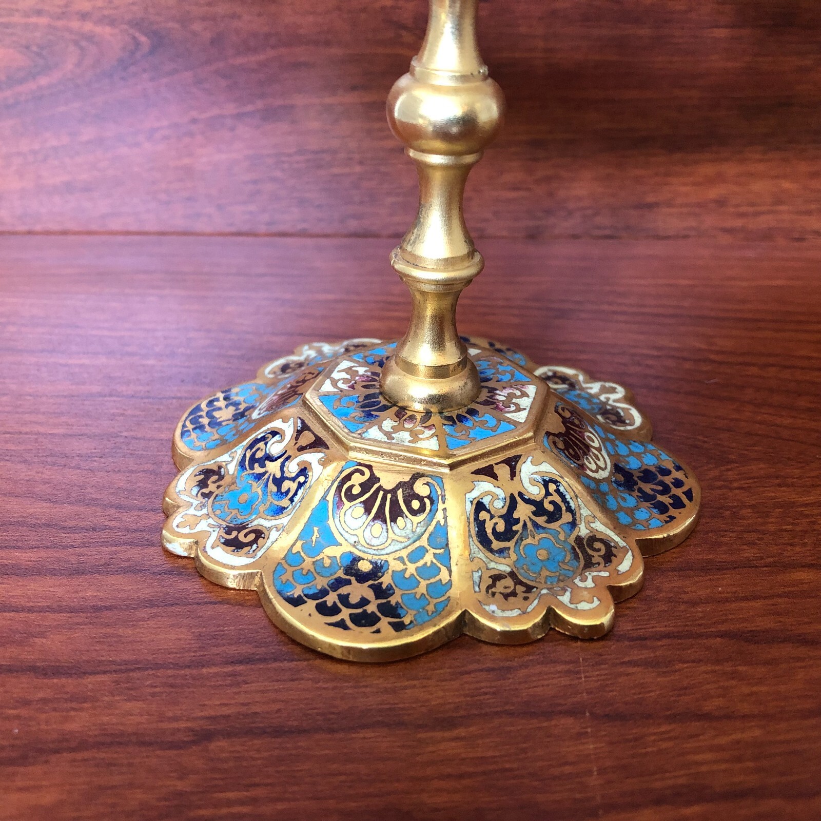 Antique French Pair Champleve Enamel , Gilded Bronze with Hand Cut Glass Compots