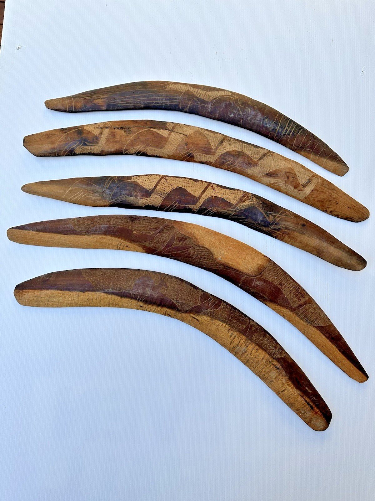 5 Old ABORIGINAL BOOMERANGS with carved emus & kangaroos Central Australia c1950