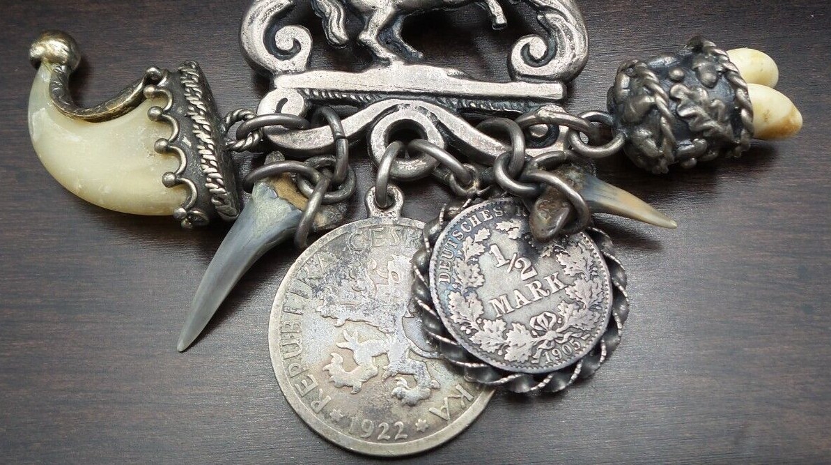 Great Antique Alpine Italian/Austrian 800 Silver & Coin Belt Key or Purse Chain