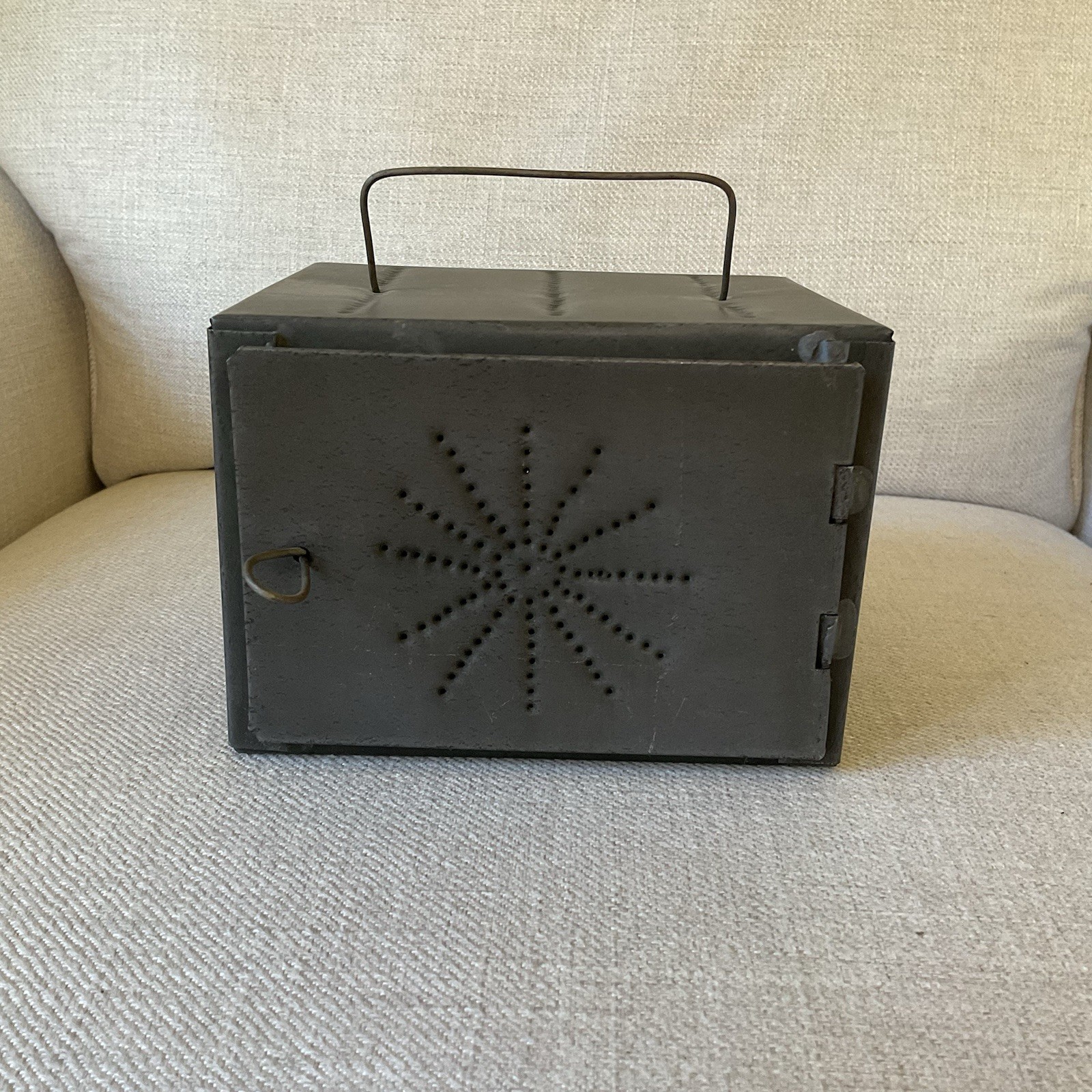 Primitive Punched Tin Box Starburst Colonial Reproduction Early American 7x5x4.5