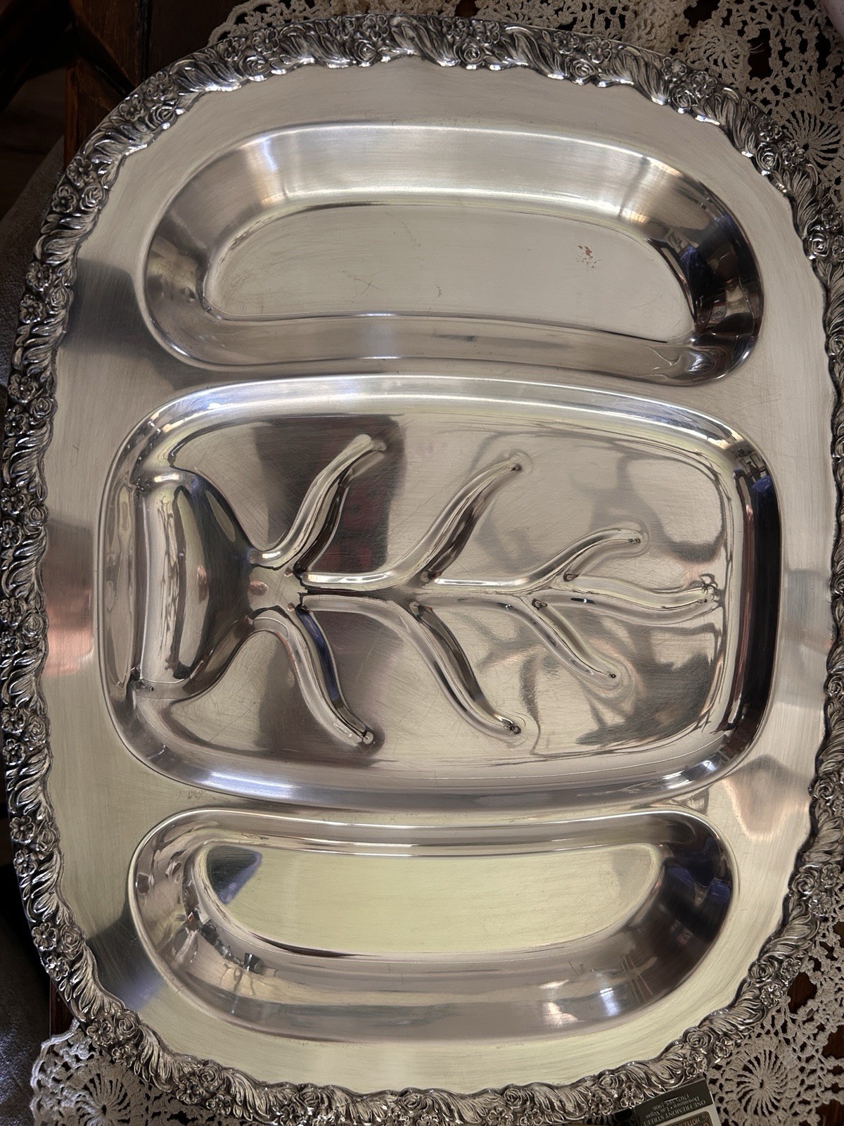 Vintage WM ROGERS Silver Plate 3-Meat Serving Tray Platter Large 22″ X 16 1/4″