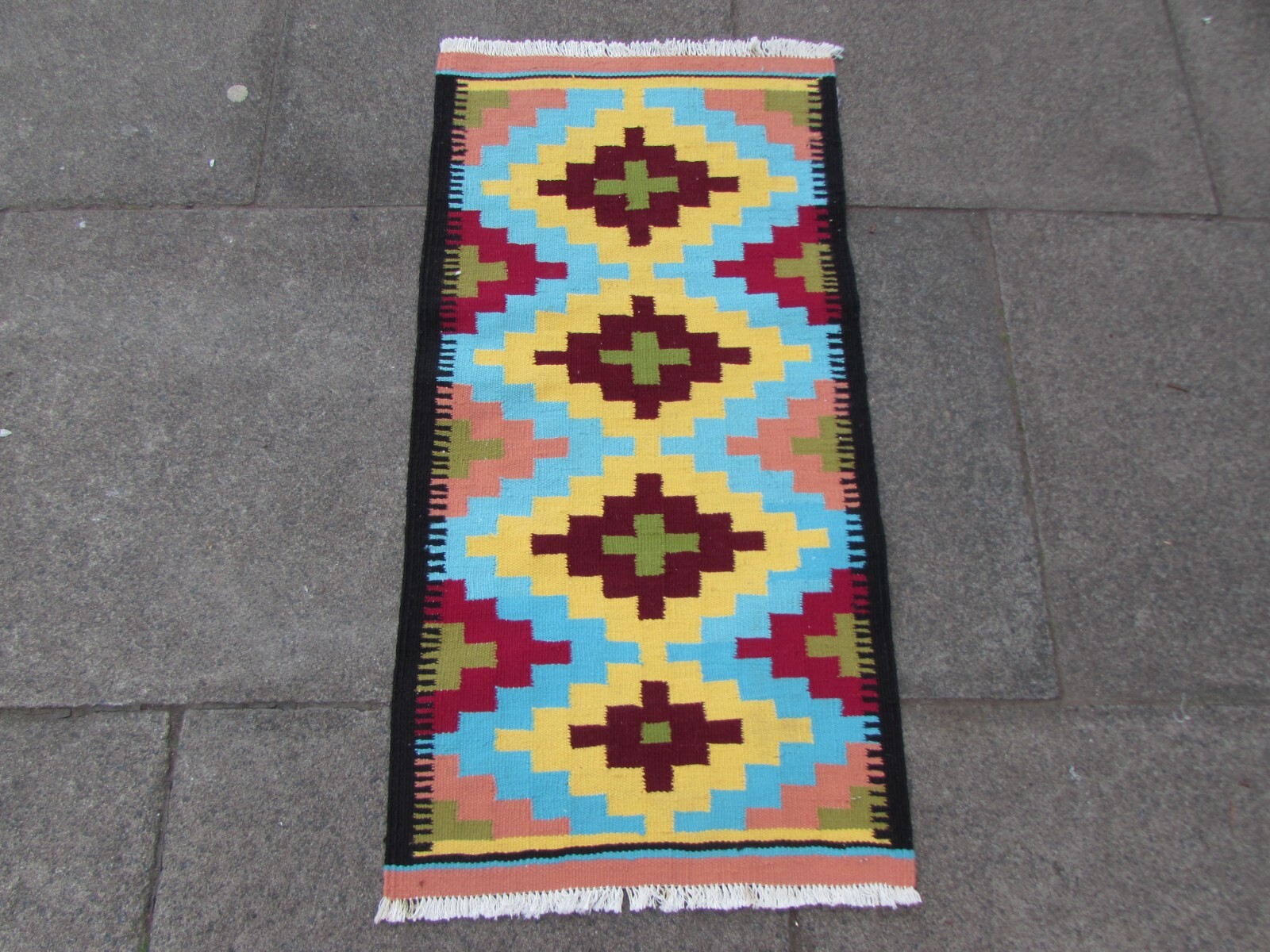 Vintage Traditional Hand Made Oriental Cotton Yellow Blue Small kilim 100x51cm