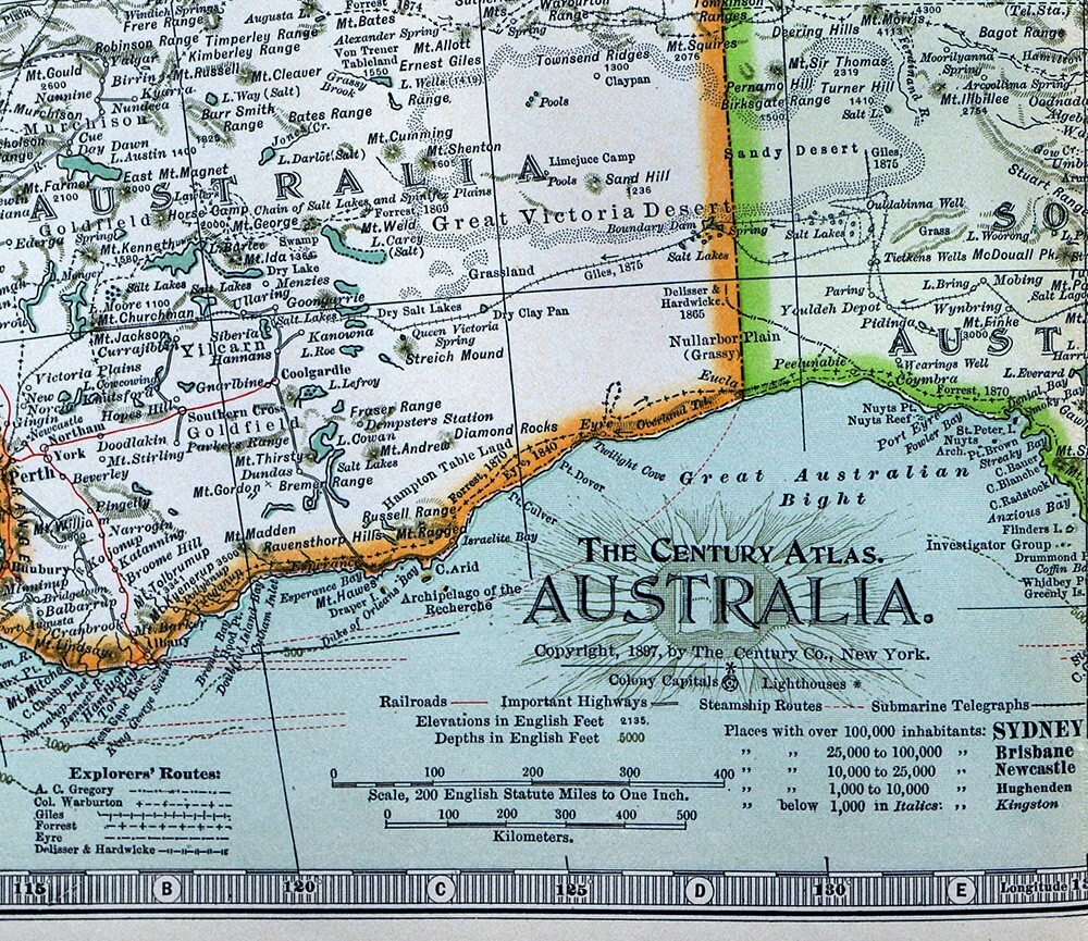 1897 Century Map Australia Sydney Melbourne Adelaide Tasmania Brisbane Newcastle