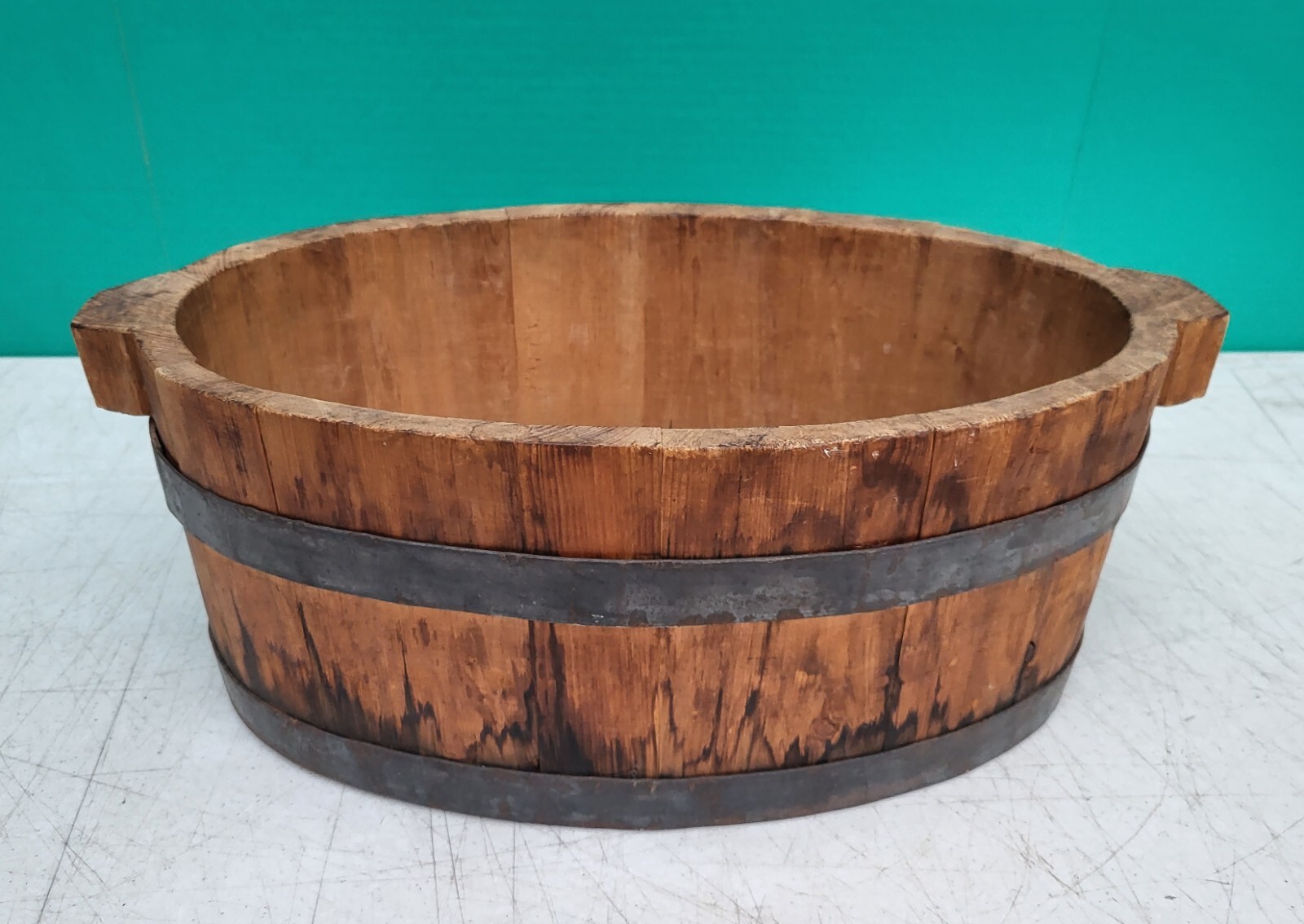 Country Primitive Wood Stave Oval Tub Bowl Antique