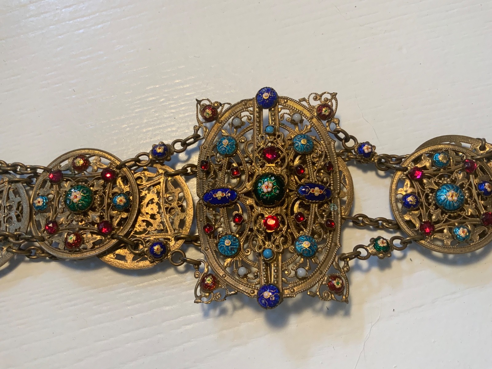 STUNNING! EXTREMELY ORNATE Antique BRASS*JEWELED*ENAMEL*FRENCH*Vanity CHATELAINE