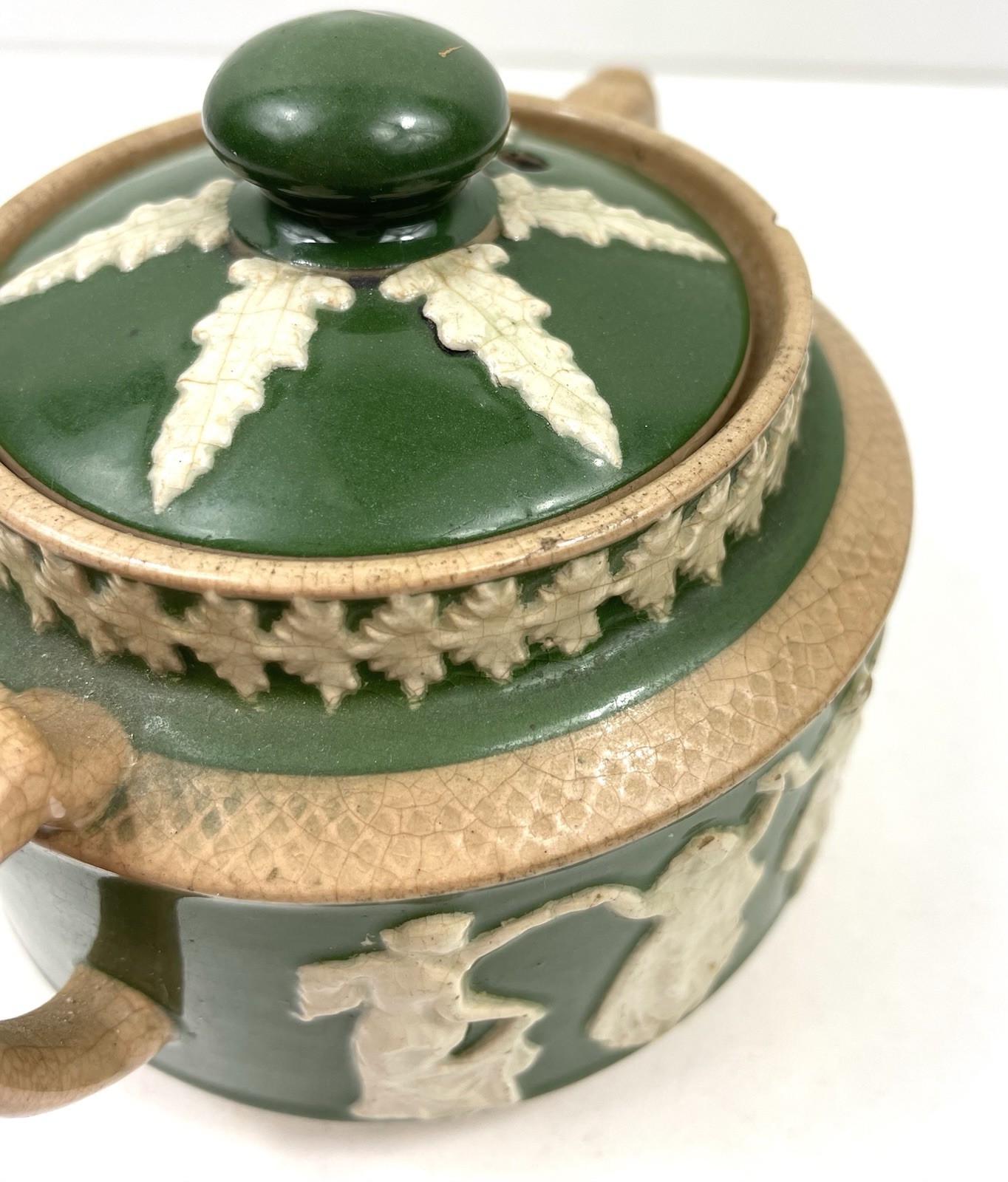 Etruscan England Antique Green Jug With Lid Dancing Hours Jasperware Relief Rare