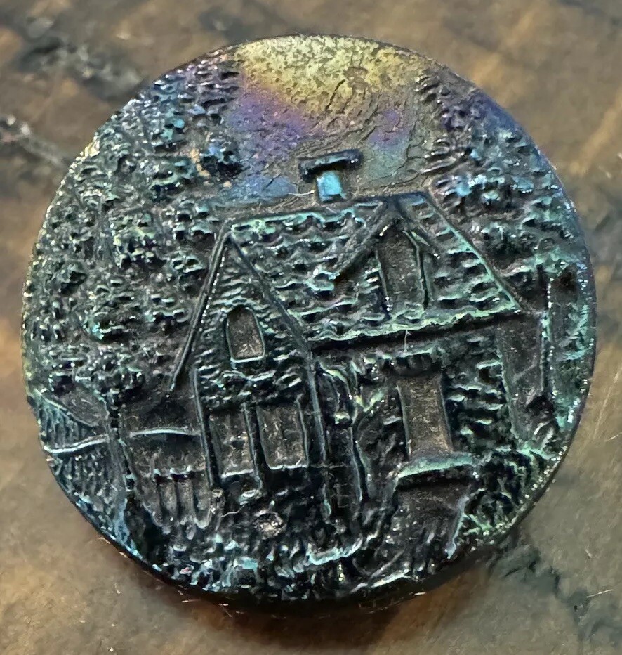 Antique Picture Button Cottage Beautiful Carnival Luster Glass Shank Button C246